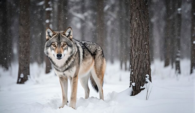 Wolf staring in snowy forest - ultra realistic photo - Powered by Adobe