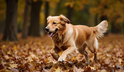 Golden retriever running through leaves - ultra realistic photo