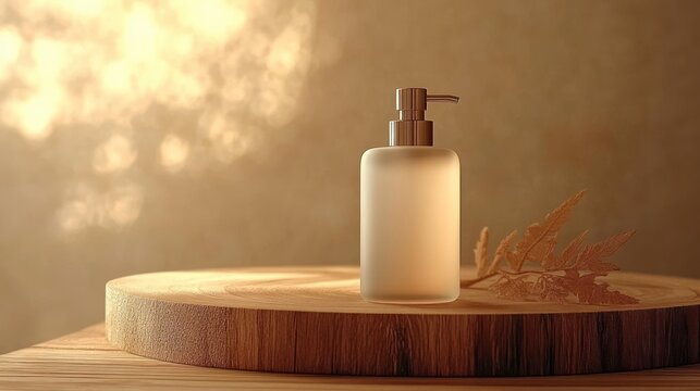 frosted glass pump bottle on round wooden pedestal with dried fern and warm golden bokeh light conveying a serene spa-like calm - Powered by Adobe