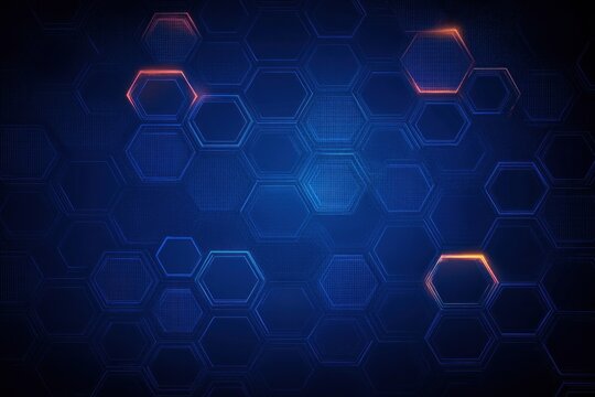 dark blue hexagonal grid with glowing orange accents and subtle textured lines, futuristic digital pattern conveying sleek high-tech mood