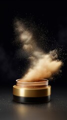 Powder Explosion Beauty: A close-up view of a jar of cosmetic powder erupting in a dramatic cloud, showcasing the textures and fine particles that define beauty and skincare products. 