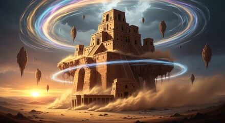 Ancient ziggurat hovering above desert sands, mystical celestial orbs surround timeless architecture