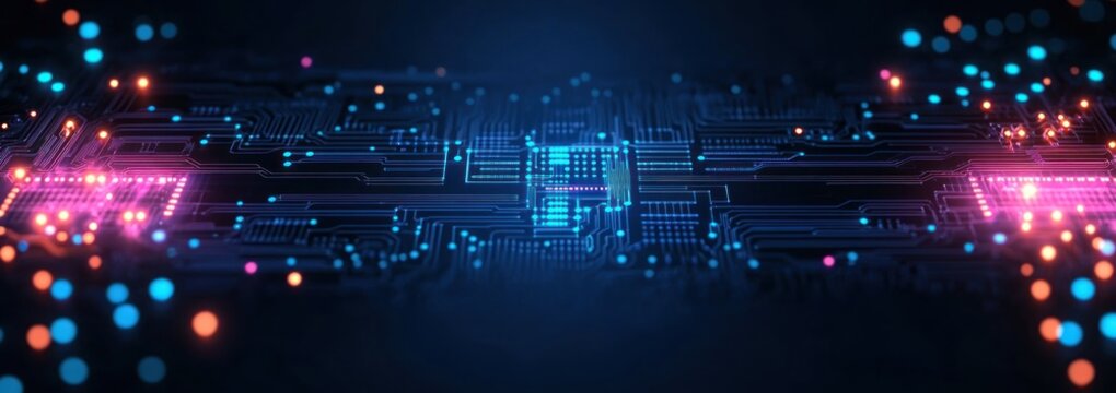 Glowing futuristic circuit board with neon blue and pink microchips, illuminated traces and scattered bokeh lights conveying high-tech energy and digital depth - Powered by Adobe