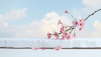 Delicate pink cherry blossoms on a branch against a soft blue sky with clouds