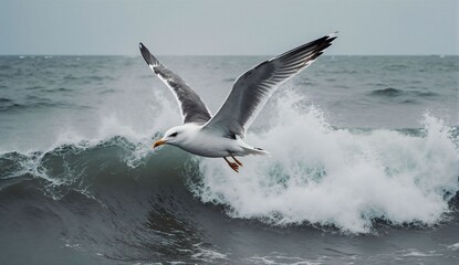 Seagull flying over ocean waves - ultra realistic photo