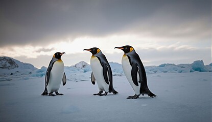 Penguins standing on icy terrain - ultra realistic photo