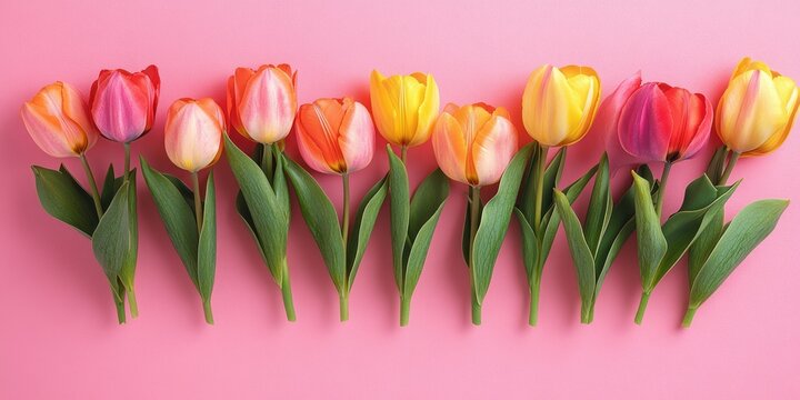 row of colorful tulips with green leaves on a pink background, bright cheerful spring blooms