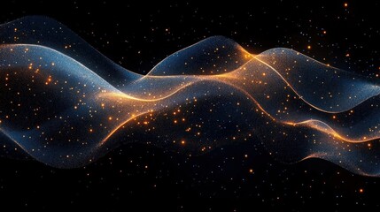 Ethereal flowing particle ribbons across a starry black background, shimmering blue and golden waves evoking mystery, wonder and serene motion