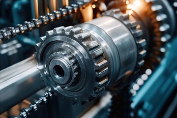 close-up of polished metal gear and chain drive on industrial machinery with warm backlight conveying precision and mechanical strength
