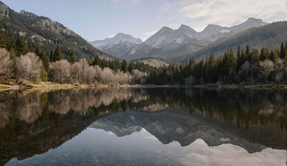 Spring forest reflection on mountain lake - ultra realistic photo
