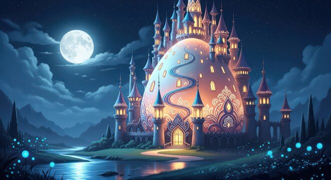Enchanting castle under the moonlight, illuminated with intricate detailing in a surreal landscape