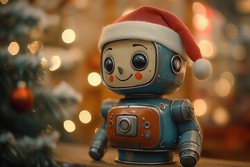 retro smiling toy robot wearing a santa hat beside a blurred christmas tree and ornament, surrounded by warm bokeh lights evoking cozy festive nostalgia