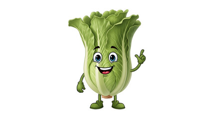 Cartoonish green lettuce character with a friendly expression and gesture.