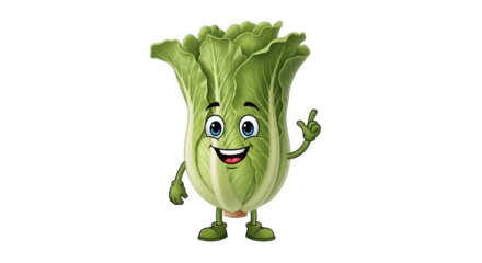 Cartoonish green lettuce character with a friendly expression and gesture.