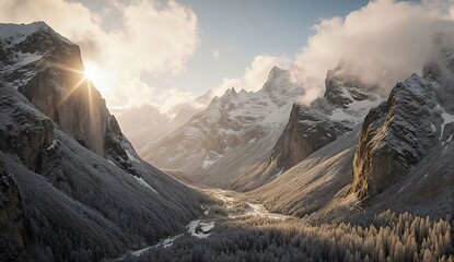 Frost-covered mountain valley in early winter - ultra realistic photo