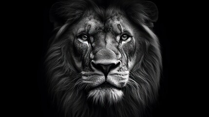 close-up black and white portrait of a male lion with a majestic, stoic gaze against a dark background