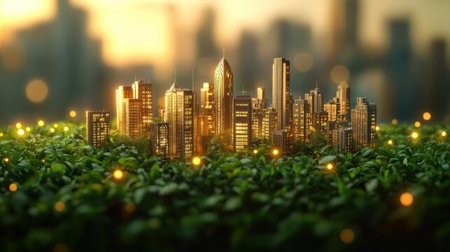 golden miniature city skyline emerging from lush green foliage at sunset, warm glowing lights and a serene harmonious atmosphere