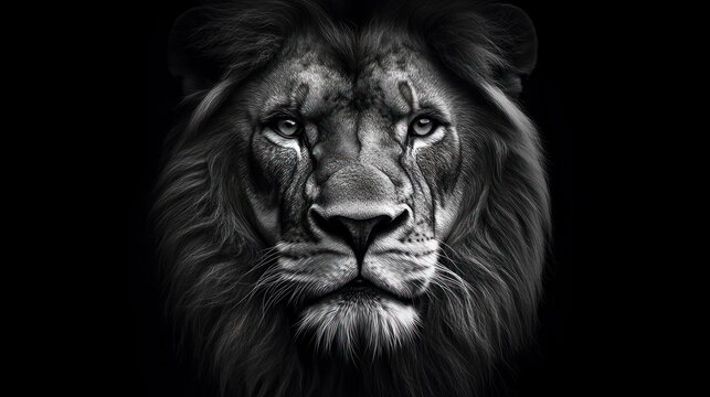 close-up black and white portrait of a male lion with a majestic, stoic gaze against a dark background