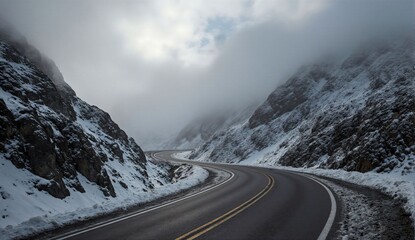 Foggy winter mountain pass - ultra realistic photo