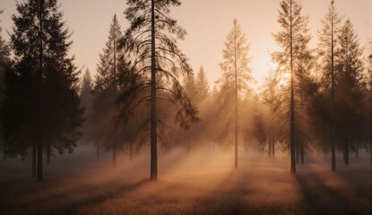 Winter forest with fog and sunrise light - ultra realistic photo