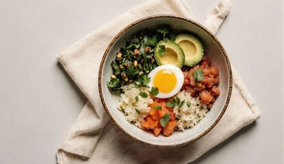 Colorful poke bowl overhead - ultra realistic food photo