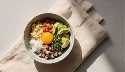 Colorful poke bowl overhead - ultra realistic food photo