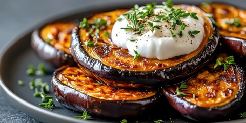 Caramelized roasted eggplant slices stacked on a dark plate topped with a creamy dollop, fresh thyme and cracked pepper, warm rustic and appetizing