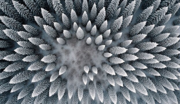 Aerial view of snowy pine forest - ultra realistic photo