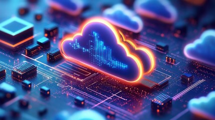 Glowing neon cloud icons floating above a circuit board with microchips and data streams, conveying futuristic energy and connected digital network
