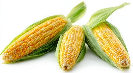 Three fresh partially husked ears of sweet yellow corn with green husks on white background, bright and appetizing