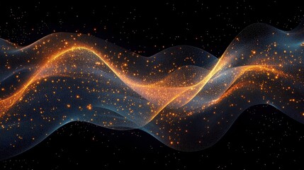 luminous golden and blue particle wave ribbon flowing across a dark starry background, evoking wonder and calm