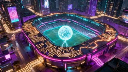 Futuristic technology stadium with circuit board pattern and energy orb - Powered by Adobe