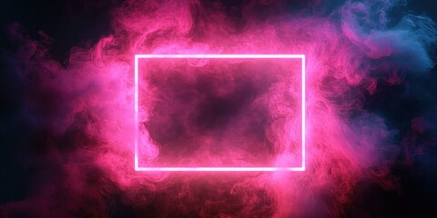 glowing pink neon rectangular frame surrounded by swirling magenta and blue smoke on a dark background, evoking a mysterious futuristic cinematic mood