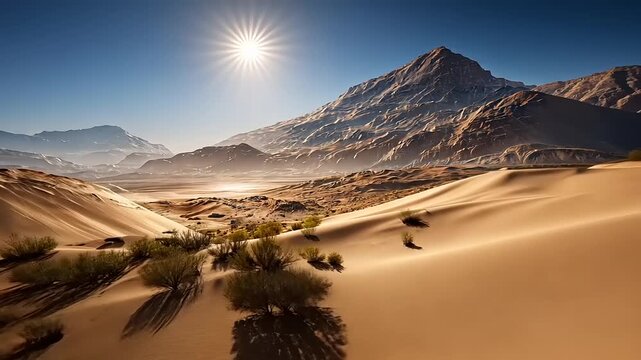 Magnificent desert landscape with towering mountains and sand dunes under bright sunshine