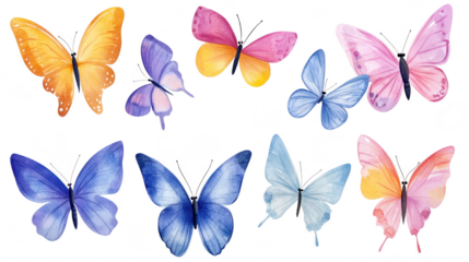A collection of watercolor butterflies in various colors and sizes. their delicate wings and intricate patterns. perfect for nature-themed designs and art projects