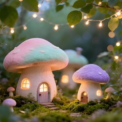 Pastel Fantasy Mushroom Home Under Magical Lights
