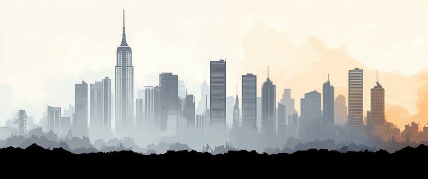 panoramic misty urban skyline of towering skyscrapers at dawn with soft orange and blue sky, silhouetted treeline foreground and calm tranquil atmosphere - Powered by Adobe