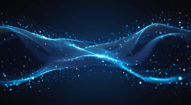 Glowing blue mesh wave of particles and golden sparks over a dark background, serene futuristic energy - Powered by Adobe