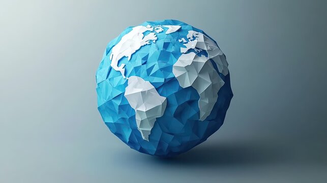low-poly blue earth globe with white faceted continents floating above a soft gradient background with subtle shadow, modern and serene