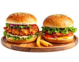 Wooden Plate Chicken Burger Meal Bundle Set, isolated on transparent background