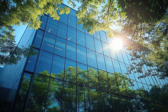 Sunlit glass office building with reflective windows mirroring green trees and blue sky, framed by leafy branches, evoking a calm serene urban nature scene
