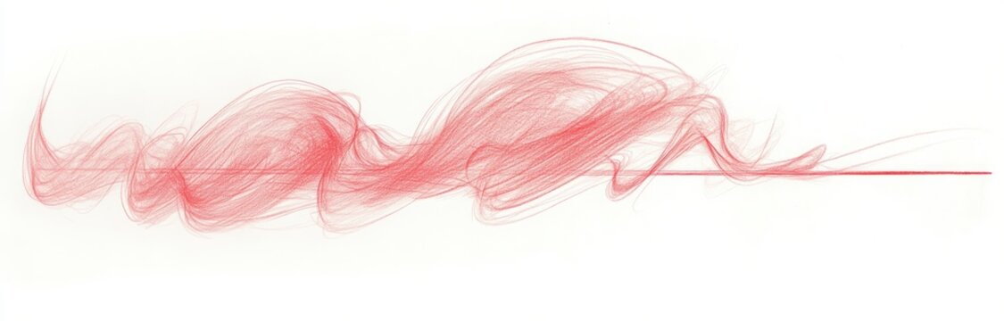 delicate red pencil swirls and wispy flowing strokes merging into a thin horizontal line on a pale background, evoking calm motion