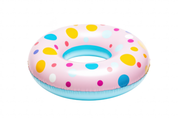 A pink inflatable donut-shaped pool float with colorful polka dots. ideal for summer fun at the beach or pool. surrounded by clear water and sunny skies