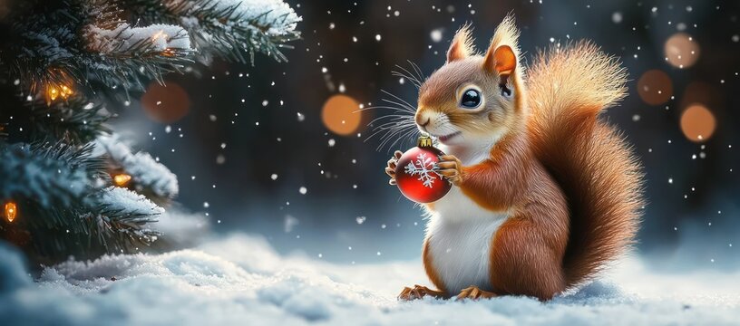 Curious red squirrel holding a red snowflake ornament in the snow beside a snow-covered pine branch with warm lights, gentle falling snow and soft bokeh creating a cozy festive wonder