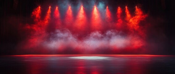 Empty theater stage bathed in red spotlights and swirling fog with a reflective floor, creating a dramatic and suspenseful atmosphere