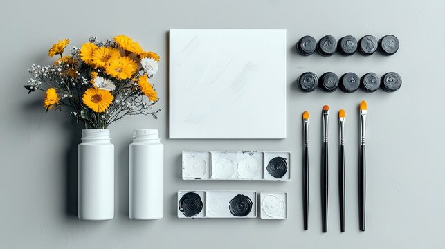 A flat lay composition of art supplies including paintbrushes, palettes, and a blank canvas, alongside a bouquet of yellow flowers in white bottles.
