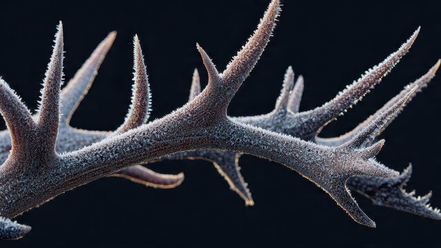 Close-up of frost-covered, thorny branches against a dark background, details highlighted