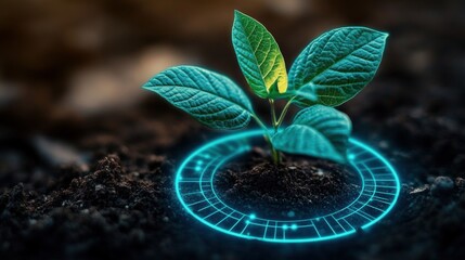 young green seedling emerging from dark soil surrounded by a glowing blue circular digital interface, evoking hope, growth and futuristic sustainability