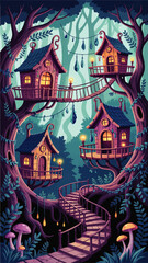 Enchanted treehouse village at night, magical forest illustration with glowing lanterns, fairytale wooden cabins and winding bridge