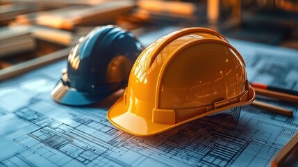 Yellow and blue construction helmets resting on detailed architectural blueprints with pencils and blurred building frames, conveying focused planning, teamwork and preparedness